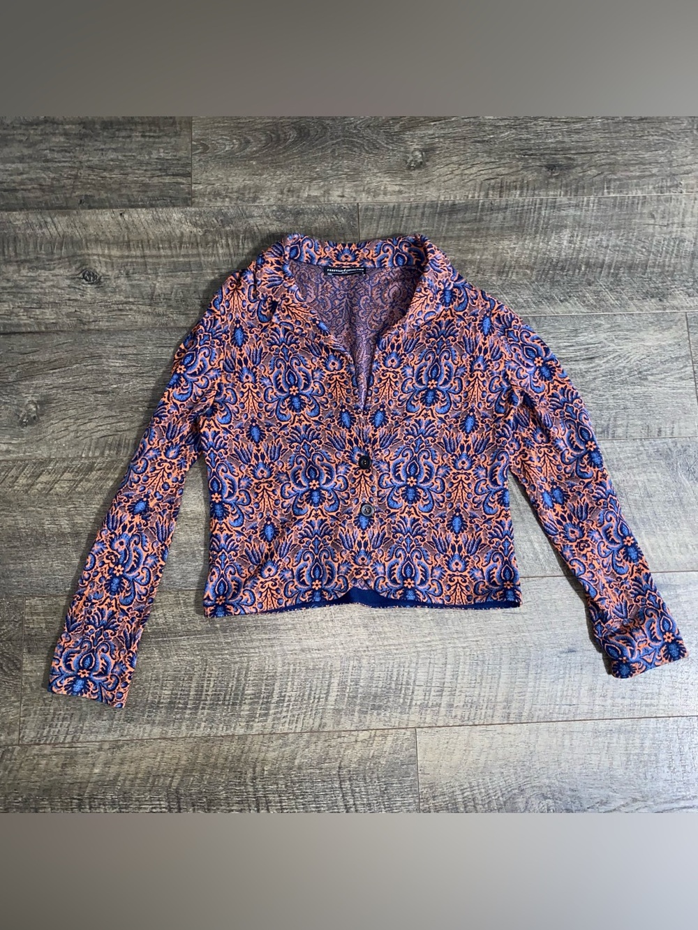 Peruvian Connection Small Pima Cotton Knit Blazer Cardigan Orange Blue Damask